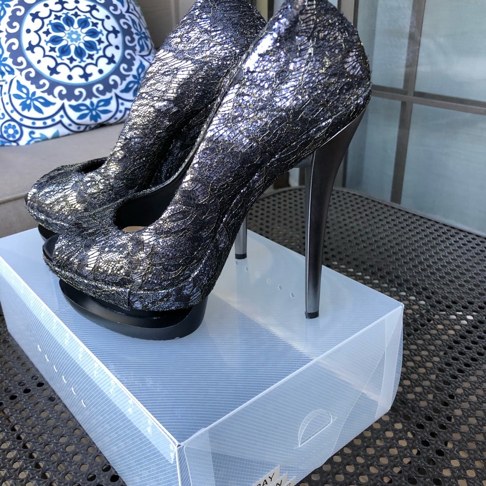 H by Halston Silver/Black Lace Heels